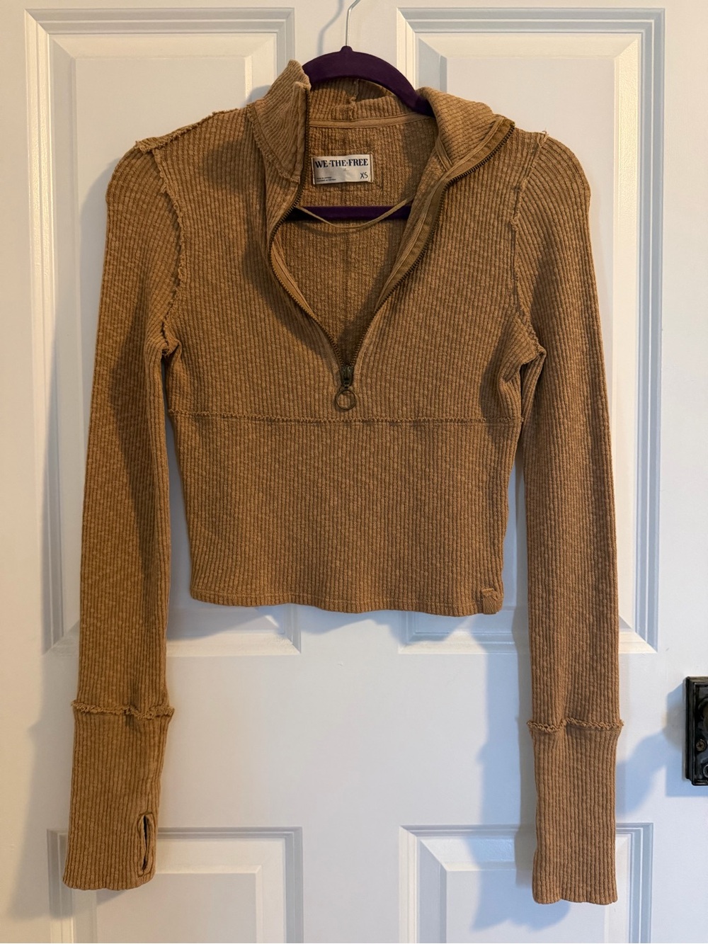 We The Free Cropped Ribbed Half-Zip Pullover in Tan Free People